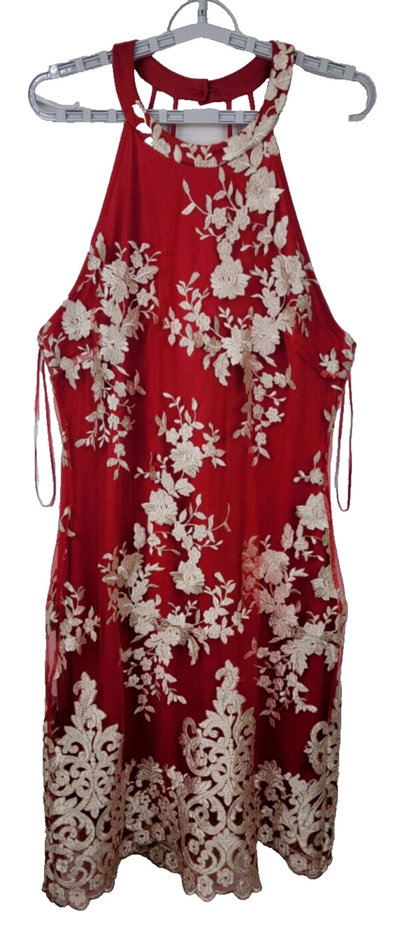 Bluebell Womens Halter Style Sleeveless Embroidered Red Floral Dress Size 2XL